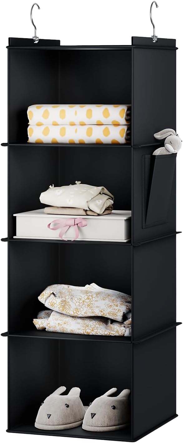 YOUDENOVA Hanging Closet Organizer and Storage for Clothes, 4-Shelf, Black | Locker/RV/Camper Organizer, Side Pocket, Hanging Shelves for Small Closet, Dorm Room Essentials for Guys, Breathable Fabric