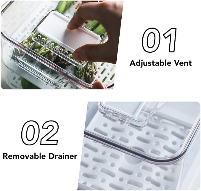 elabo Fridge Fruit Storage Containers, 3 Pack Lettuce Keeper Produce Saver | Large Berry Containers with Lids for Fridge, BPA-Free & Food Grade, Fresh Containers for Vegetables with Removable Drainer