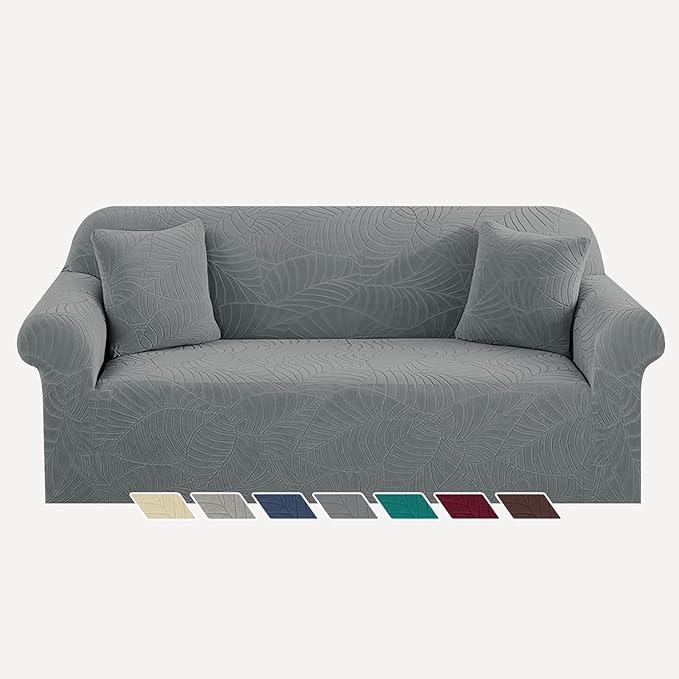 YEMYHOM Couch Cover Latest Jacquard Design High Stretch Sofa Covers for 3 Cushion Couch, Pet Dog Cat Proof Slipcover Non Slip Magic Elastic Furniture Protector (Large, Begonia Leaf Dark Gray)
