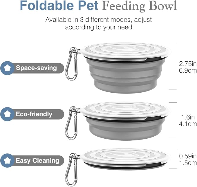 Pawaboo Collapsible Travel Dog Bowls 2 Pack with Lids&Carabiners Silicone | Feeding Watering Bowls for Dogs Cats, Collapsable Water Feeder Food Bowl for Walking Traveling Home Use, Blue + Grey