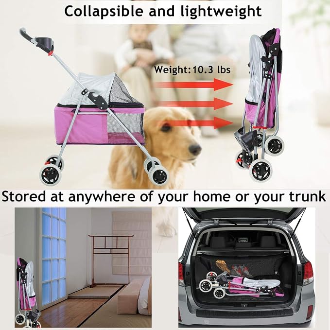 4 Wheels Pet Stroller,Dog Cage Protable Travel Folding Carrier Cart Waterproof Buggy Doggie Dog Stroller Jogger with Cup Holders for Small-Medium Pink