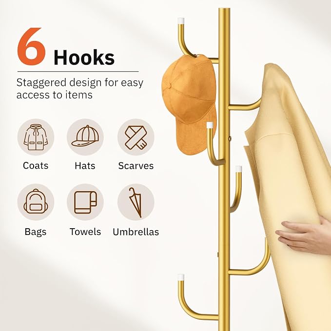 MISSLO Heavy Duty Coat Rack Freestanding 4 Adjustable Size Coat Tree with Stable Wood Base Coat Hanger Stand with 6 Hooks Standing Clothes Tree for Bedroom, Gold