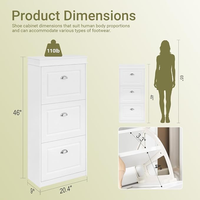 Haotian Narrow Shoe Cabinet, Slim Shoe Rack Entryway, Hidden Shoe Storage Organizer with 3 Flip Drawer for Hallway White FSR94-W