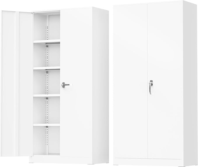 Greenvelly Metal Storage Cabinet - 72" Steel White Cabinet with 2 Doors and 4 Adjustable Shelves, Lockable - Perfect for Garage, Home Office, Pantry
