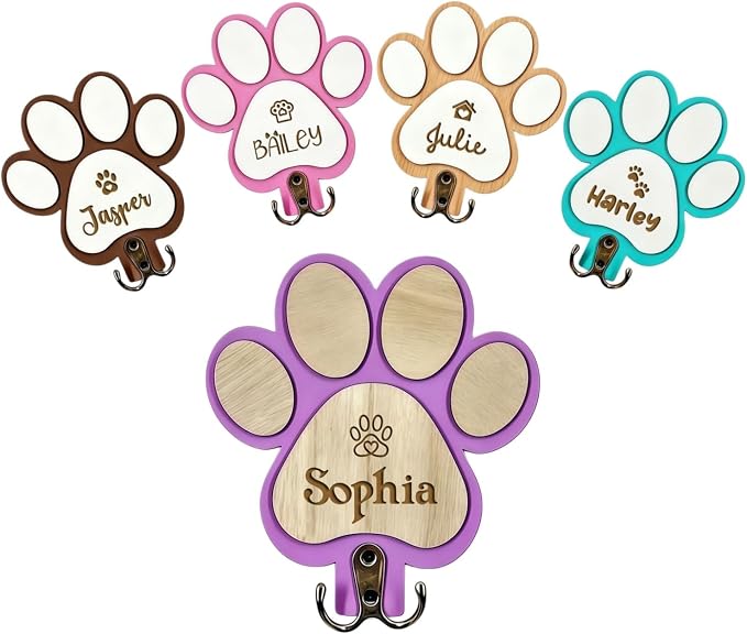 Personalized Dog Leash Holder Wall Mount, Custom Engraved Wood Paw Hanger, Entryway Key Rack Collar Harness Organizer Hook Gift for Pet Lovers(Purple)