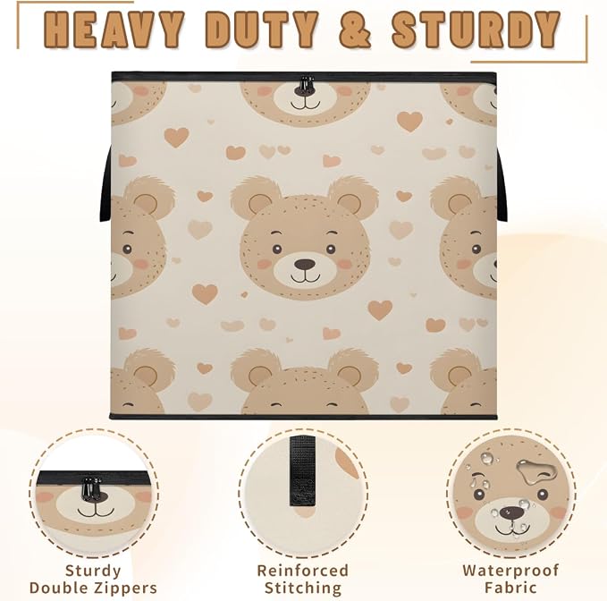 Bear Large Storage Bags, Fabric Bed Storage Containers, Foldable Closet Organizers for Blanket, Clothing, Comforter, Bedding, Cute Bear