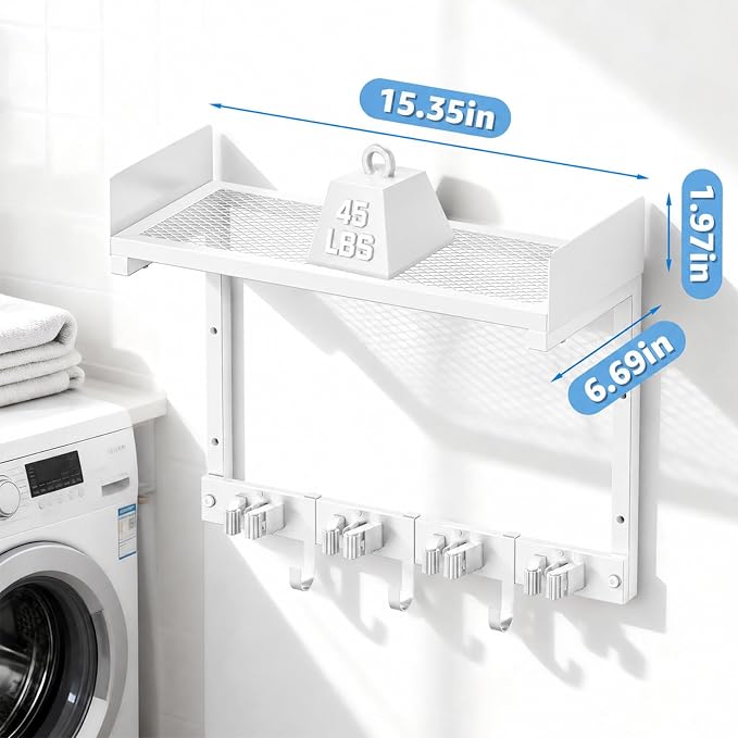 Mop Broom Holder Wall Mount with Top Shelf, Broom Organizer Wall Mount | 15inch,Mop Broom Wall Hanging Heavy Duty Tools Storage Rack Space-Saving for Garage,Kitchen,Laundry Room