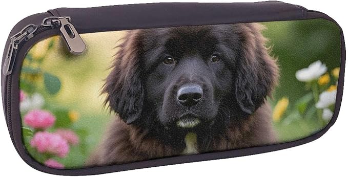 Leather Pen Case with Zipper - Aesthetic Pen Holder Cute Pet Newfoundland Dog Pencil Case for Women & Men - Handcrafted Pencil Bag Multi-Functional Travel Cosmetic Case for Work Office Tool Pouch