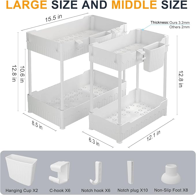 2-Pack Under Sink Organizer with Hooks & Hanging Cup for Kitchen | Multi-use kitchen & bathroom storage, 12.8 inch white cabinet organizer, with hooks and hanging cup for easy access.