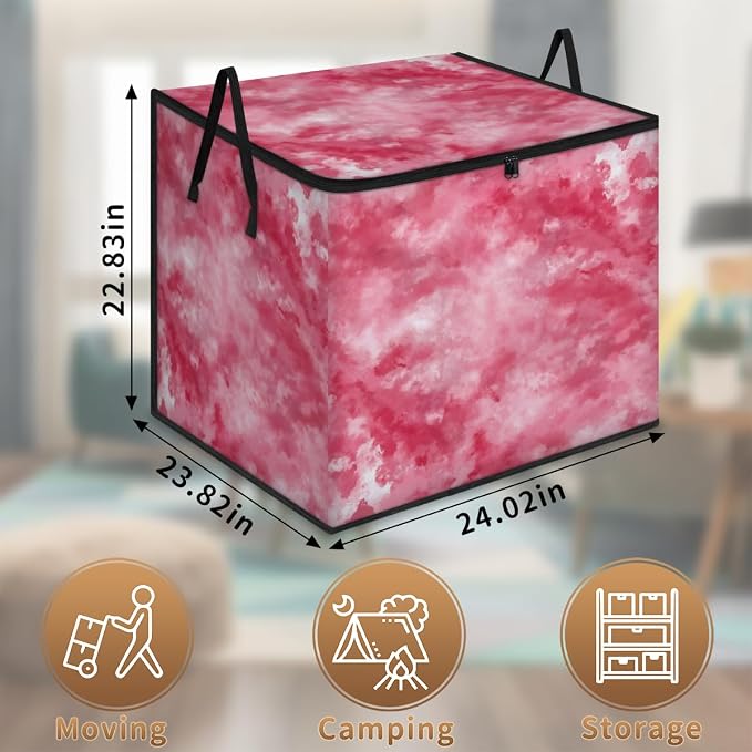 Tie Dye Large Storage Bags, Fabric Bed Storage Containers, Foldable Closet Organizers for Blanket, Clothing, Comforter, Bedding, Pink