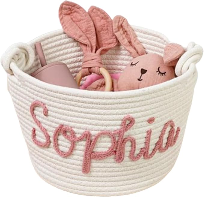 Personalized Cute Small Woven Basket with Handles, Custom Cotton Rope Room Shelf Storage Basket, Empty Decorative Gift Basket, Decorative Round Bin for Nursery Bedroom Bathroom (Style E)