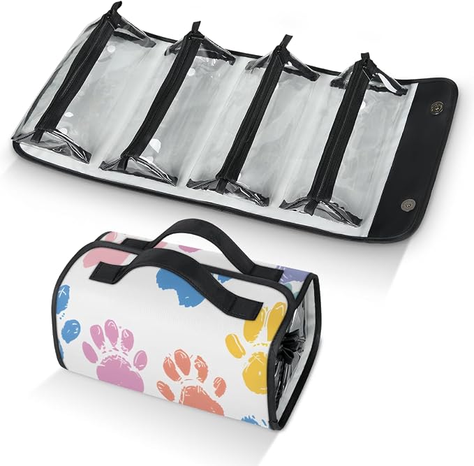 Colorful Dog Paw Makeup Bag for Women Hanging Roll-Up Travel Organizer Toiletry Kit with 4 Removable Compartments, Paw Print