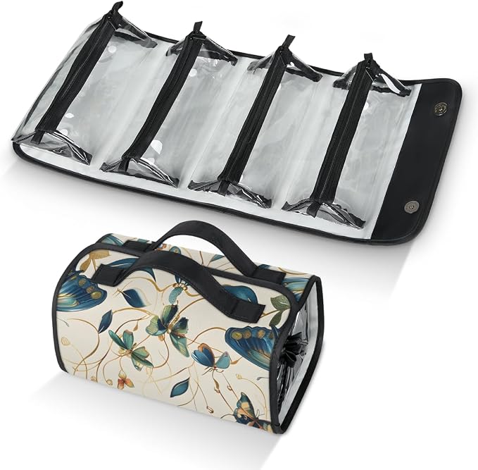Butterfly Makeup Bag for Women Hanging Roll-Up Travel Organizer Toiletry Kit with 4 Removable Compartments, Vintage Floral