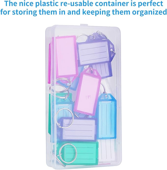 Cuttte 20 Pack Plastic Key Tags with Labels and Container 5 Colors | Key Tags with Ring and Label Window for Flash Drives, Suitcases, Backpacks, Luggage, Lunchboxes