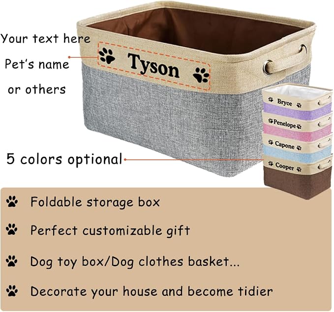 Custom Dog Cat Toys Storage Basket Bin with Name Sturdy Foldable Collapsible Cat Storage Bin with Handles for Organizing Pet Stuffs, Toys, Clothes,( Brown and White), 15" x 9.8" x 9"