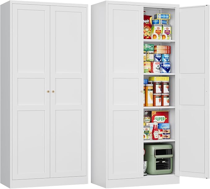 White Storage Cabinet with Adjustable Shelves-Metal Home Kitchen Pantry Cabinets with Doors,Organization Locker for Cupboard/Bedroom/Dining/Living/Bathroom/Office/Garage Room