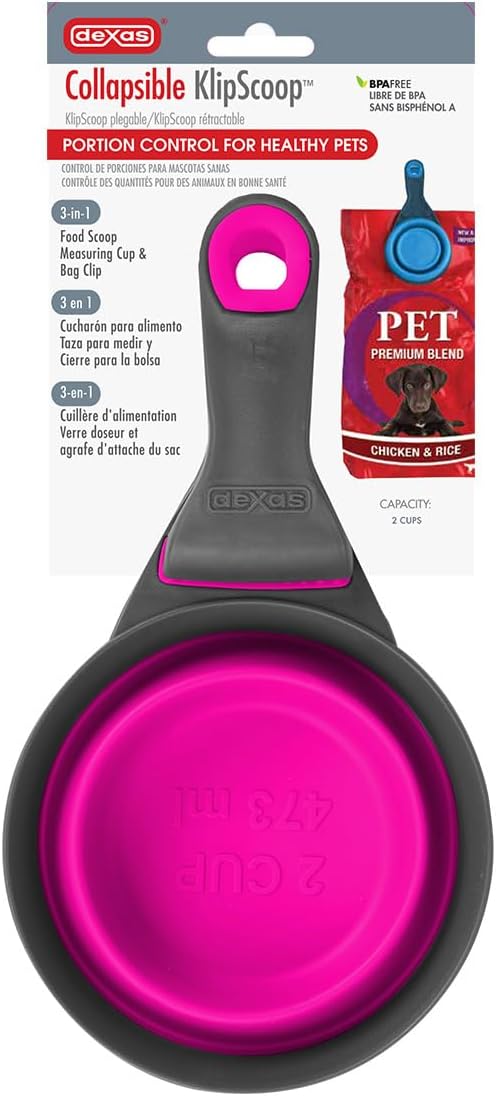 Dexas Popware for Pets Collapsible Klip Scoop, 3-in-1 Pet Food Scoop, Measuring Cup and Bag Clip, 2 Cup Capacity, Fuchsia
