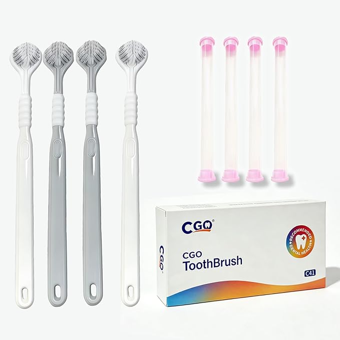CGO Three-Sided Dog Toothbrush for Large Dogs – 4-Piece Three-Head Pet Toothbrush, Gentle Cleaning, Extra-Soft Bristles, Three-Sided Dog Teeth Cleaning Set, Comprehensive Oral Care (Gray-White)