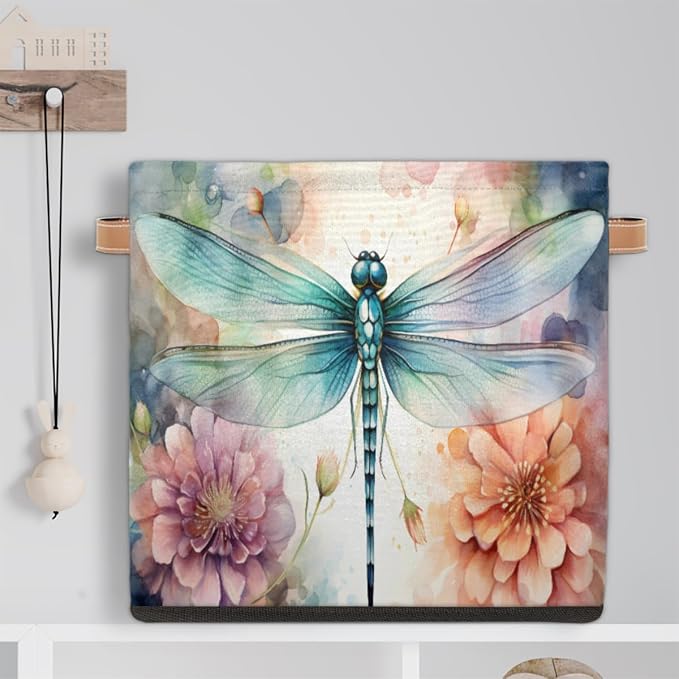 Floral Dragonfly Cube Storage Bin, 13 Inch Collapsible Fabric Storage Cubes Bin, Foldable Cube Baskets for Shelf, Closet, Organizer
