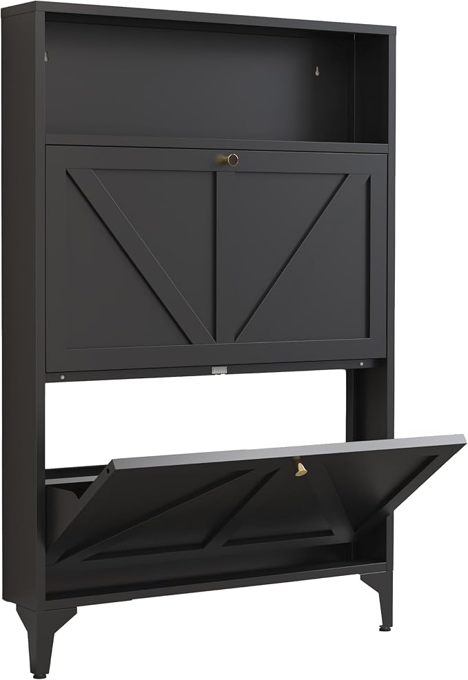 Shoe Cabinet with 2 Flip Drawers, Narrow Shoe Storage Cabinet, Farmhouse Shoe Organizer, Freestanding Organizer with Metal Legs for Entryway, Foyer (Black, 2 Door)