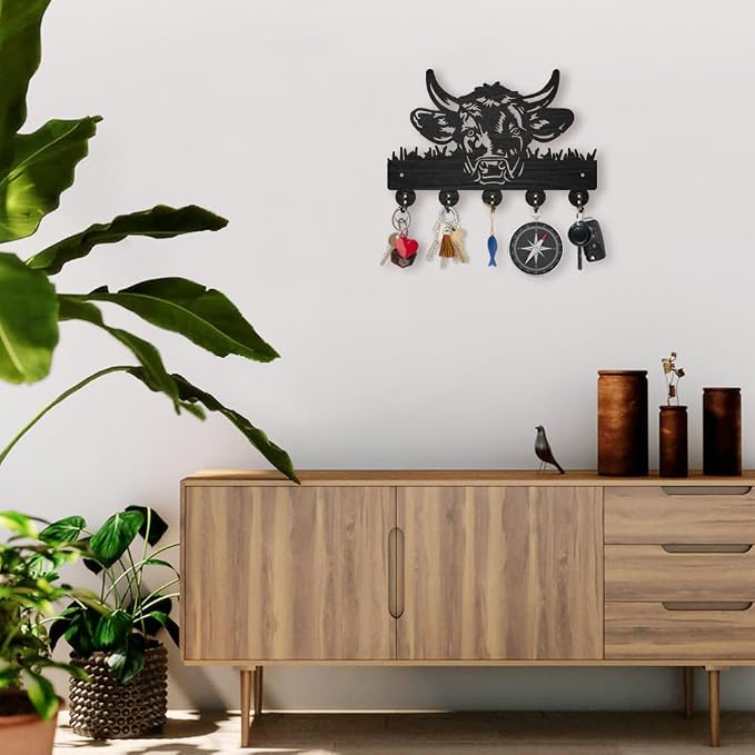 MAYJOYDIY Cow Coat Rack Wall Mount 11.8×7.9inch Wood Farm Animal Wall Art Decor Bull's Head Key Holder for Wall 5 Alloy Hooks Black Key Hanger Hat Towel Wall Hook for Entryway Living Room Bedroom Gift