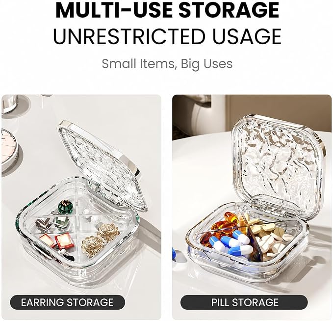 Mini Pill Box for Women, Transparent Water Ripple Design, BPA-Free Travel-Sized ABS Pill Organizer with Silicone Seal, Compact & Portable Medicine Case for Purse, Backpack & Travel