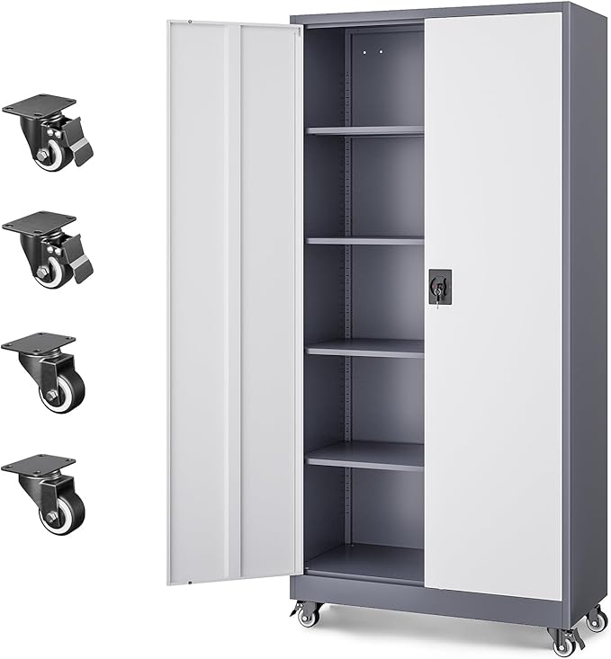 Metal Garage Storage Cabinets with Lock Door and Adjustable Shelves, Steel Tool Cabinets for Home,Office,Warehouse Organisieren (Grey White, 75" H)