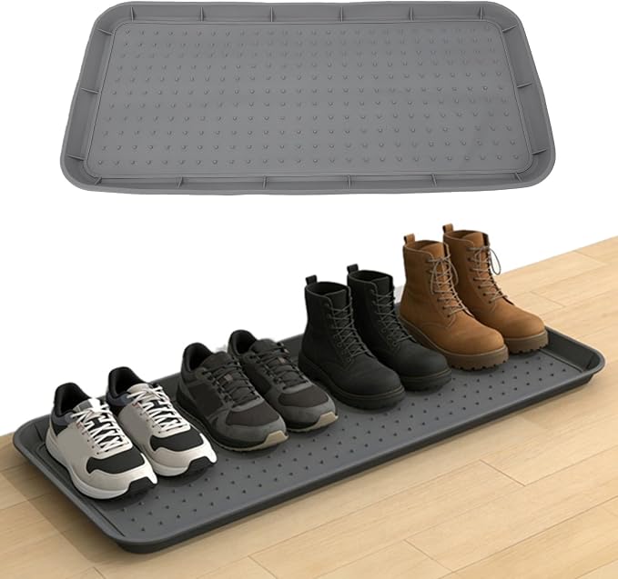 Asixxsix Silicone Boot Tray, 30x15 inch Non Slip Shoe Tray with Raised Edge, Pet Feeding Mat Sink Protector, Heavy Duty Boot Mat for Entryway Shoe Storage Indoor Outdoor Use (Gray)