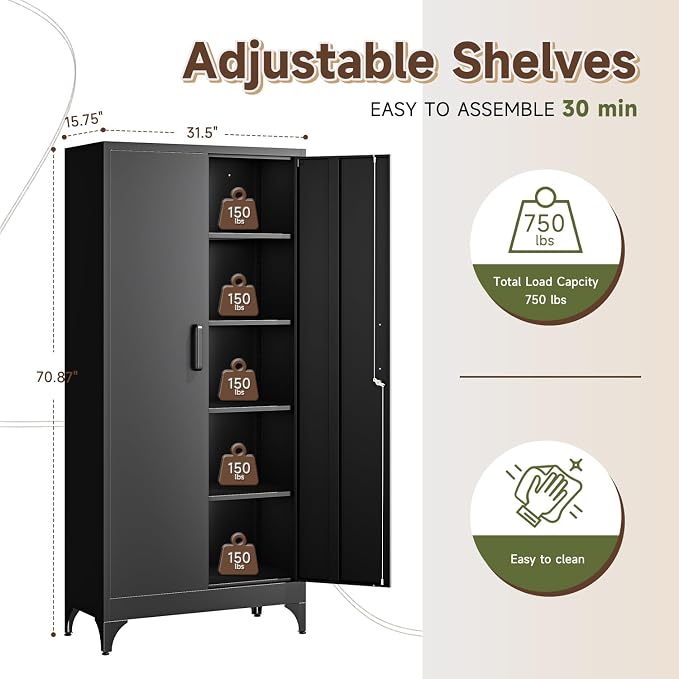 71" H Metal Storage Cabinet with 2 Doors and 4 Shelves,Tall Kitchen Pantry Cabinets,Utility Pantry Organizers for Cupboard/Dining/Bathroom/Home Office/Garage, Steel Tool Cabinets