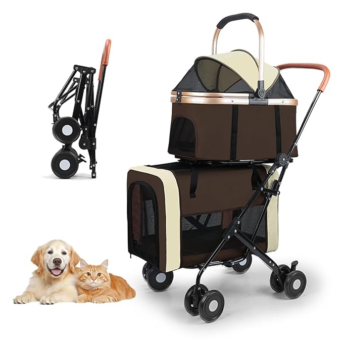YYW Double Pet Stroller 4 in 1 Foldable 2 Carriers Lockable Wheels Brown | Travel Strolling Cart with Safety Belts for Multi-Pet Homes, Small Dogs & Cats, Ideal for Walking, Vet Visits, Storage