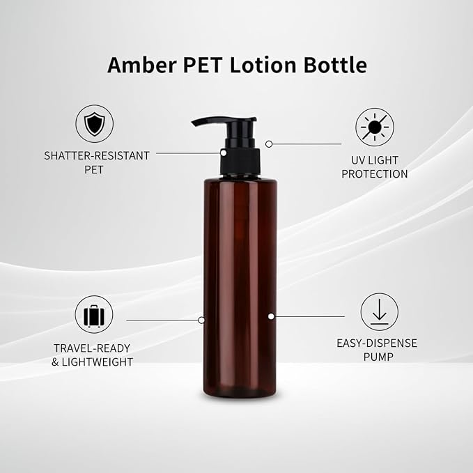 Amber PET Lotion Pump Bottle, Refillable Dispenser for Travel & Bathroom Storage, Black Finish