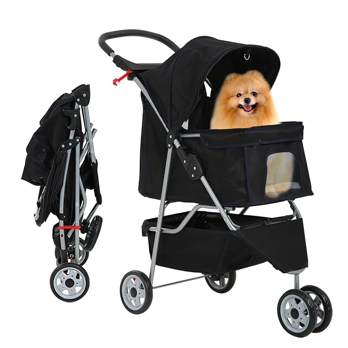 Pet Jogger Stroller, 3-Wheel Folding Carrier for Small Dogs & Medium Pets, Waterproof with Cup Holder & Removable Liner (Black)