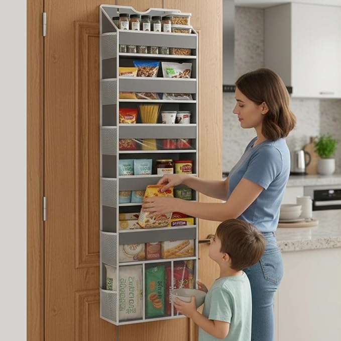 Over The Door Organizer, 6-Shelf Hanging Door Storage for Bathroom | 50lb Load Grey Behind the Door Organizer for Bathroom Closet Nursery Pantry Bedroom Laundry Dorm Small Room