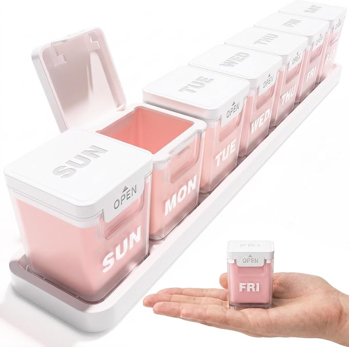 ODARO Extra Large Weekly Pill Organizer Once A Day - Pink | Large Capacity, Big Font, Wide Opening Easy For Seniors, Detachable Portable, Spill Proof, BPA Free