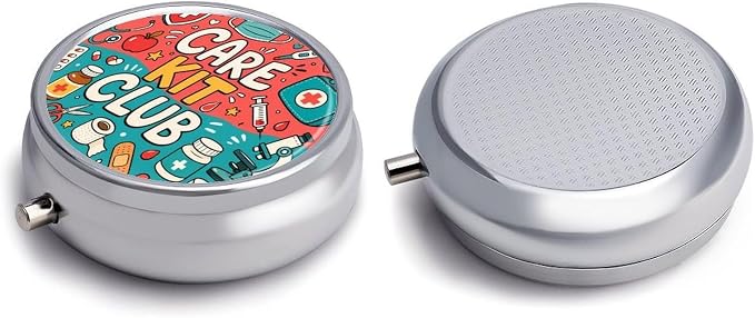 Care Kit Club Doodle Collage Round Pill Box with 3 Compartments, Portable Travel Pill Organizer with Spring Snap Closure for Vitamins Supplements Fish Oil