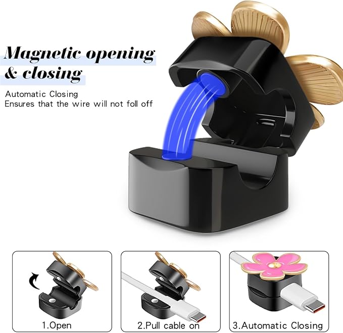 Magnetic Cord Organizer, Easy Secure Adhesive Cable Management, Wire Holder Organizer, Hide Or Organize Phone USB Charger Cable Clips for Home,Office,Car,Desk,Nightstand (Pink Flower-4 Pack)