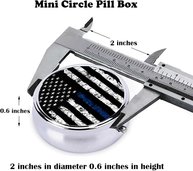 Pill Box, Small Pill Organizer with 3 Compartments and Mirror, Cute Round Portable Travel Metal Pill Case for Pocket or Purse, Privacy-Protecting Medicine Box-Black Blue Tree Leaves American Flag