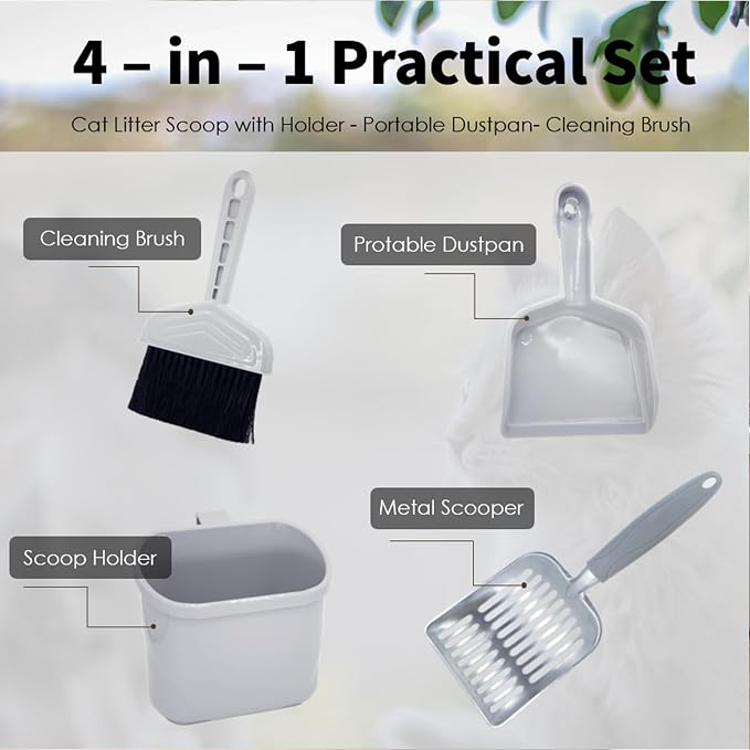 4-in-1 Cat Litter Scoop with Holder, Cat Litter Box Organizer Cleanup Kit - Portable Small Broom and Dustpan Set, Metal Kitty Litter Scooper and Storage Caddy (Gray)