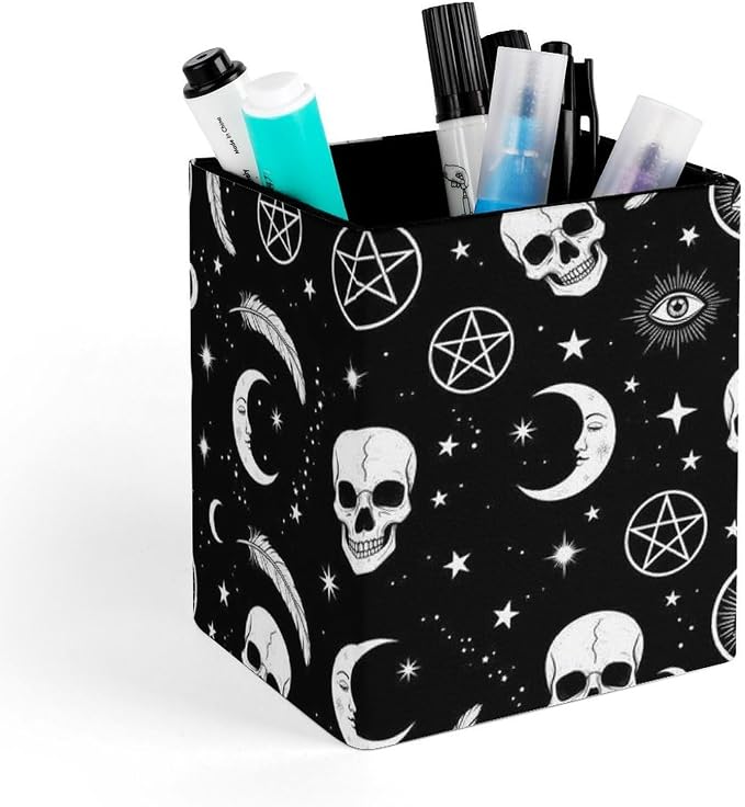 Pen Pencil Holder for Desktop, Pu Leather Stationery Organizer Goth Raven Crow Skull Moon Star Gothic Witch Eyes Square Pencil Cup Office Accessories Container Box