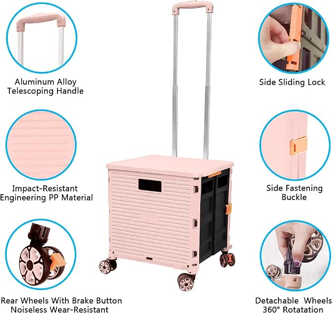 FELICON SELORSS Foldable Utility Cart Folding Portable Rolling Crate-Pink | Durable,Heavy Duty,Plastic Box,Telescoping Handle,4 Rotate Wheels,Collapsible Handcart for Travel Shop Move Luggage Office