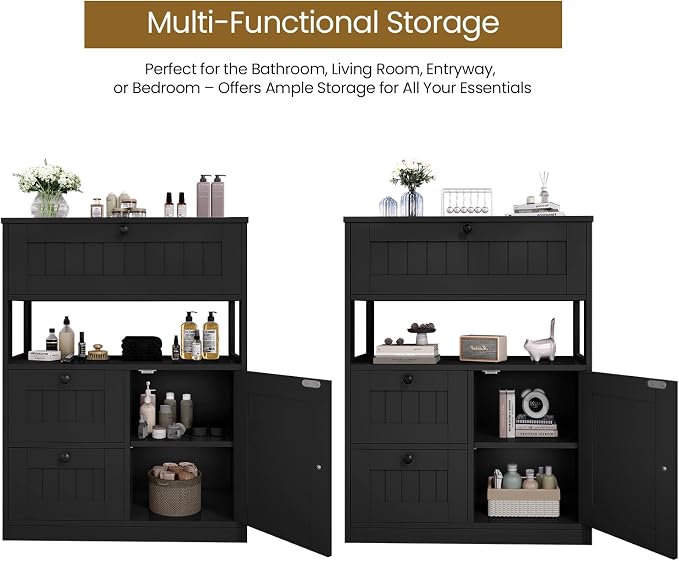 GRUSIGN Storage Cabinet, Modern Bathroom Floor Storage Cabinet Organizer with 1 Door and 3 Drawers, Freestanding Cupboard for Kitchen/Living Room Use