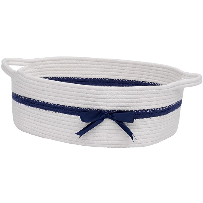 CHICVITA Small Woven Rope Gift Basket, Decorative Shelf Basket, White Blue | 13" x 10" x 5" Storage Baskets for Toys & Baby Essentials, Fits Nursery & Bedroom Organization, Built-In Handles, Bow Design