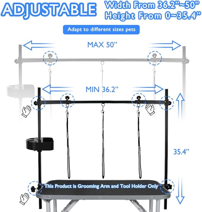 LEIBOU H-Shape Pet Grooming Table Arm with Grooming Hammock Tool Holder Noose and Clamp for Dogs and Cats Heavy Duty Aluminum Alloy Frame with 35.4” Adjustable Height and 36.2” ~ 50” Adjustable Width