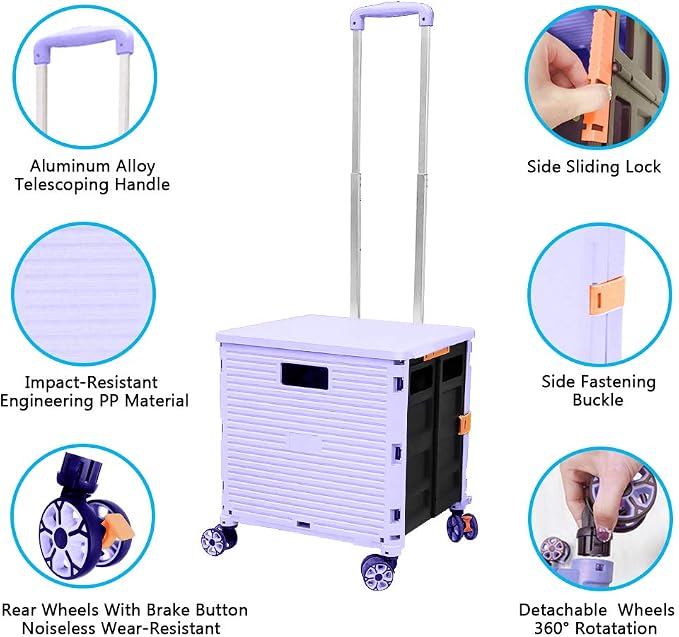 FELICON SELORSS Foldable Utility Cart Folding Portable Rolling Crate-Purple | Durable,Heavy Duty,Plastic Box,Telescoping Handle,4 Rotate Wheels,Collapsible Handcart for Travel Shop Move Luggage Office