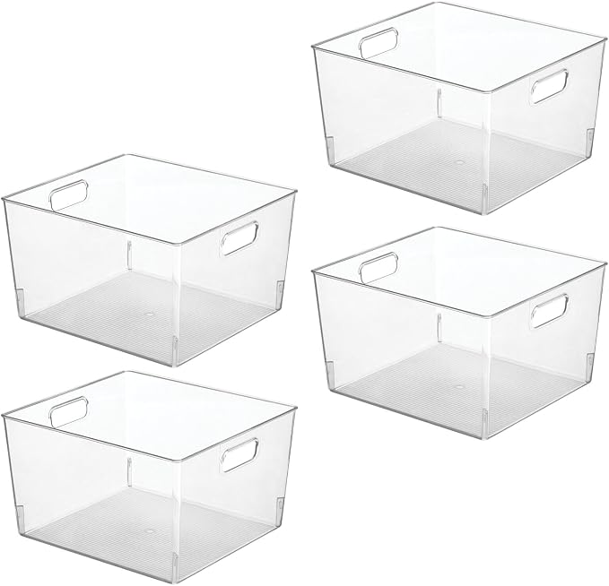 mDesign Large Modern Stackable Plastic Storage Organizer Bin Basket with Handles for Bathroom Vanity Organization - Shelf, Cubby, Cabinet, or Closet Organizing Decor - Ligne Collection - 4 Pack, Clear