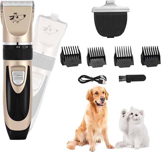 Aovdy Dog Clippers Grooming Kit, Low Noise with Rechargeable, Pet Shaver Cordless Electric Quiet Hair Thick Coats Clippers Trimmers Set for Dogs Cats Rabbit Pets (Gold A)