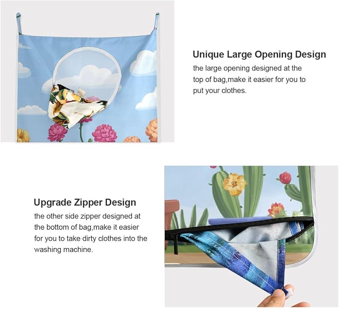 1PC Hanging Laundry Hamper Bag Over the Door Laundry Hamper Wall Hamper Large Dirty Clothes Hamper with Stainless Steel Hooks 29.5x20Inch Blooming Carnations Cacti Cloud Blue
