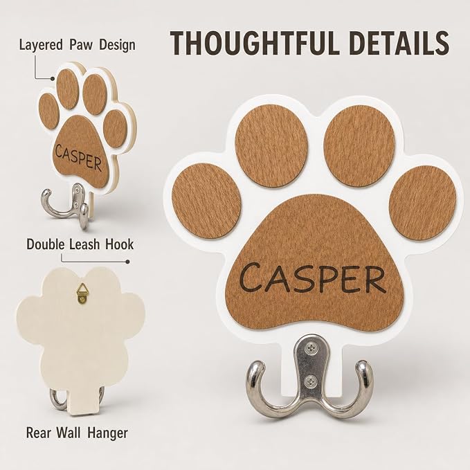 Personalized Dog Leash Holder for Wall, Custom Paw Print Wooden Wall Hook with Pet Name, Double Hook Organizer for Leashes Collars and Keys, Entryway Decor, Gift for Dog Lovers