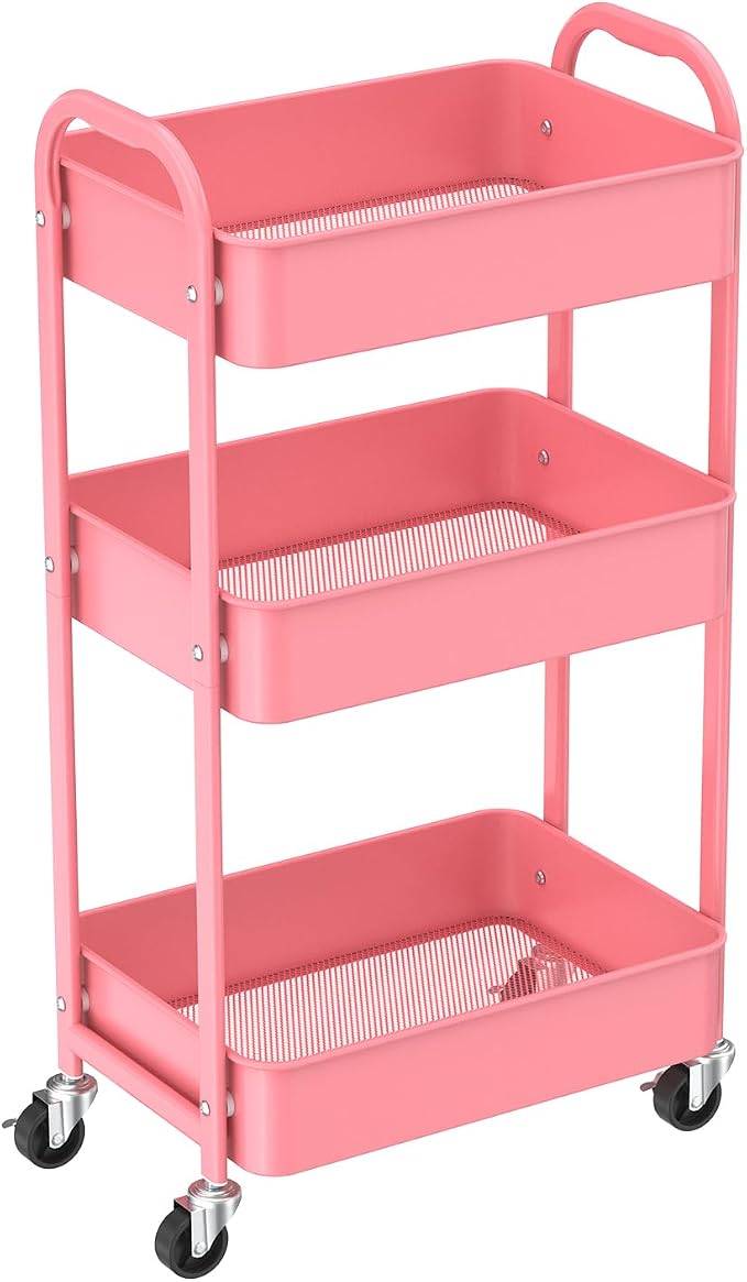 MAX Houser 3-Tier Rolling Utility Cart with Caster Wheels,Easy Assembly, for Kitchen, Bathroom (Pink) | Easy Assembly, multi-purpose storage trolley for kitchen, rolling cart with smooth caster wheels for bathroom