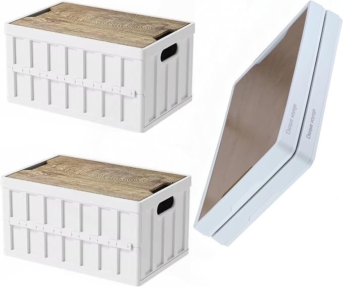 VIMI 50L Collapsible Storage Bins with Lids Stackable Utility Crates with Handles Plastic Large Folding Containers for Organizing Tools,Books,Food,Drinks,Camping&Transport (White-2 Pack)